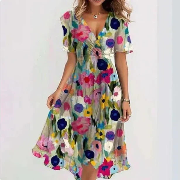 Boho Wrap Dress with V-Neck for Women | Midi