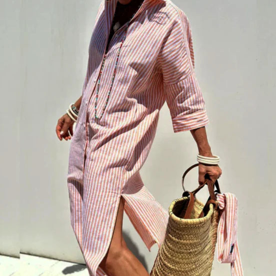 Striped Long-Sleeved Shirt Dress for Women | Maxi