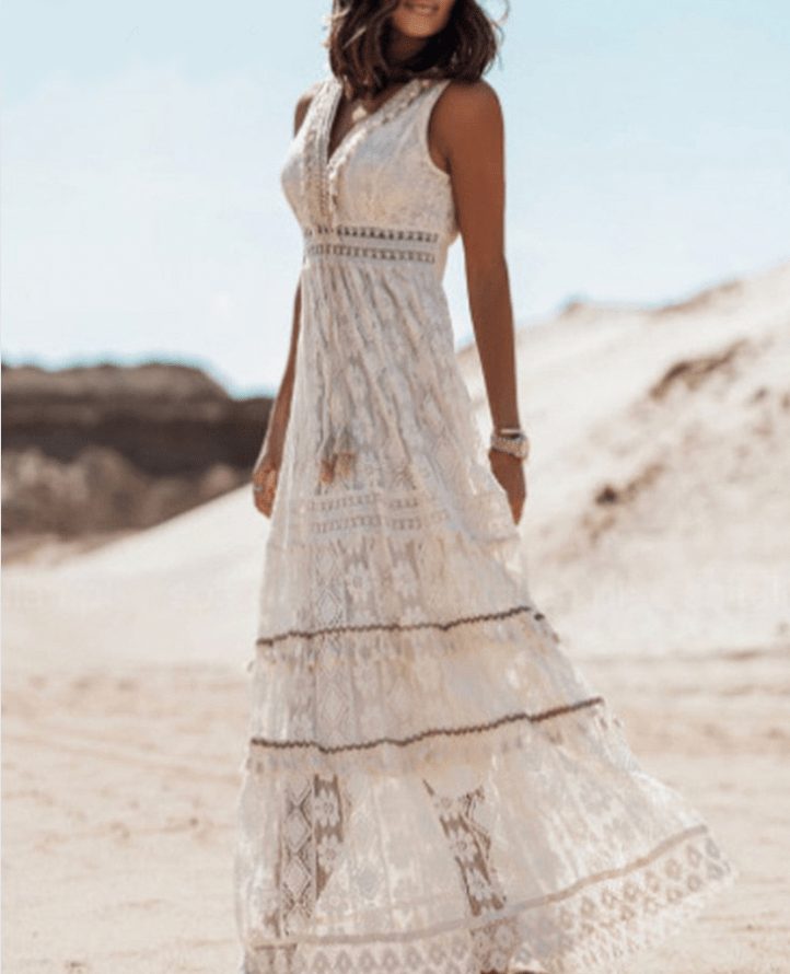 Women's Beach Boho Midi Dress | Beige and White