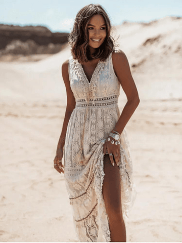 Women's Beach Boho Midi Dress | Beige and White