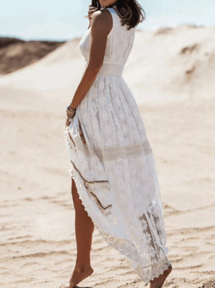 Women's Beach Boho Midi Dress | Beige and White
