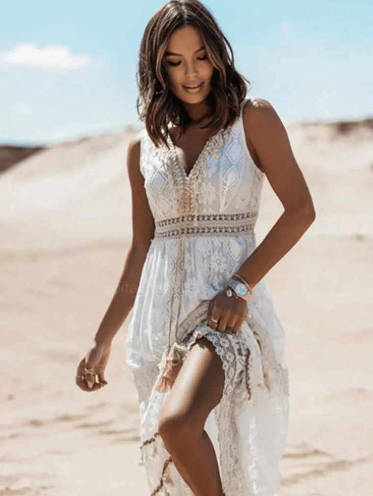Women's Beach Boho Midi Dress | Beige and White