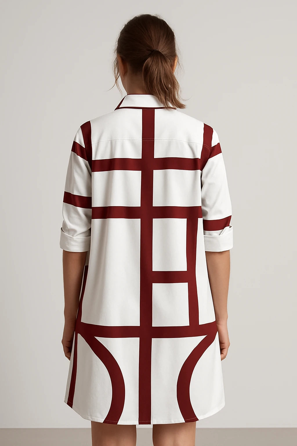 Geometric Print Shirt Dress with 3/4 Sleeves for Women