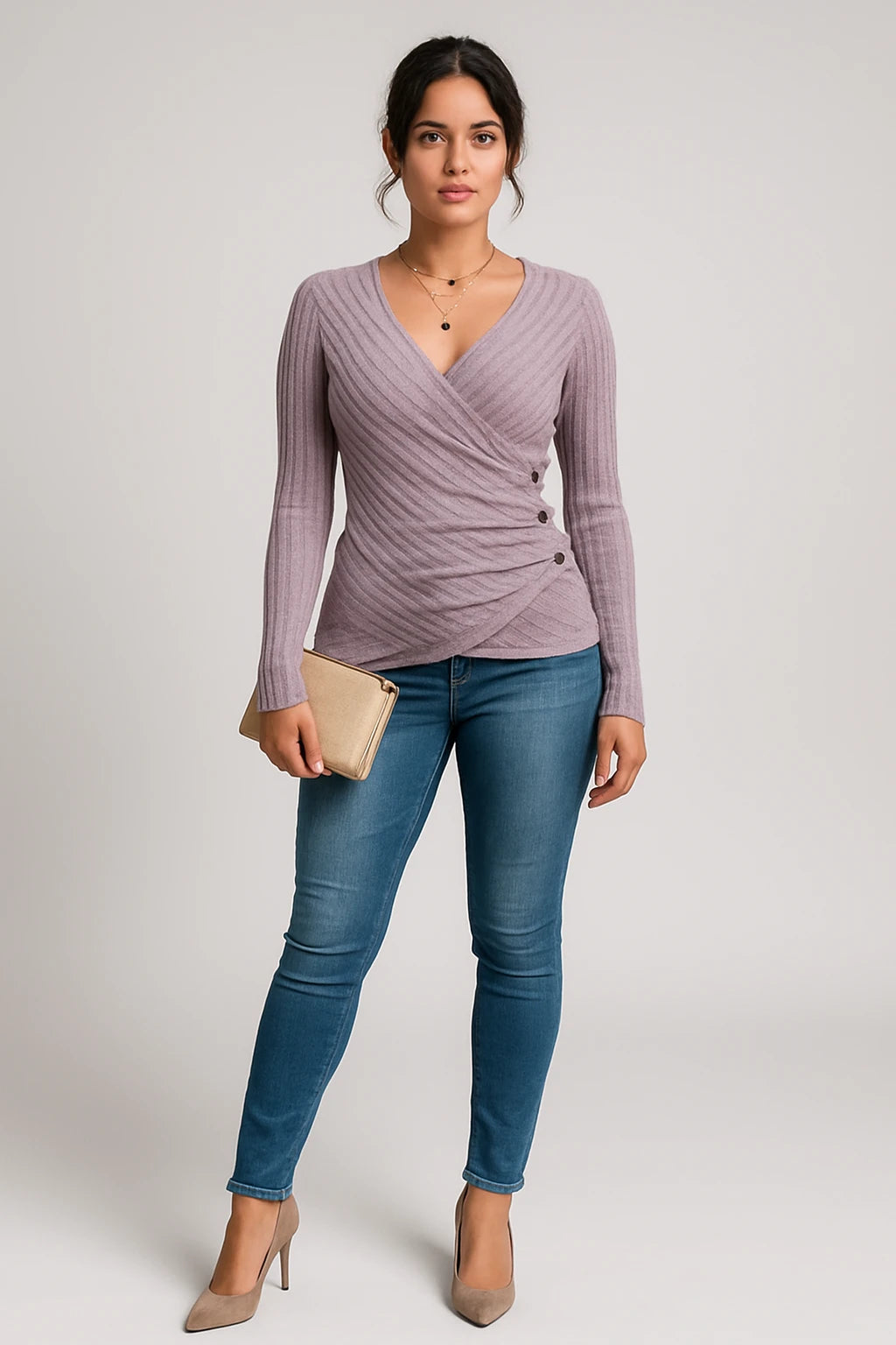 Ribbed Wrap V-Neck Long Sleeve Top for Women