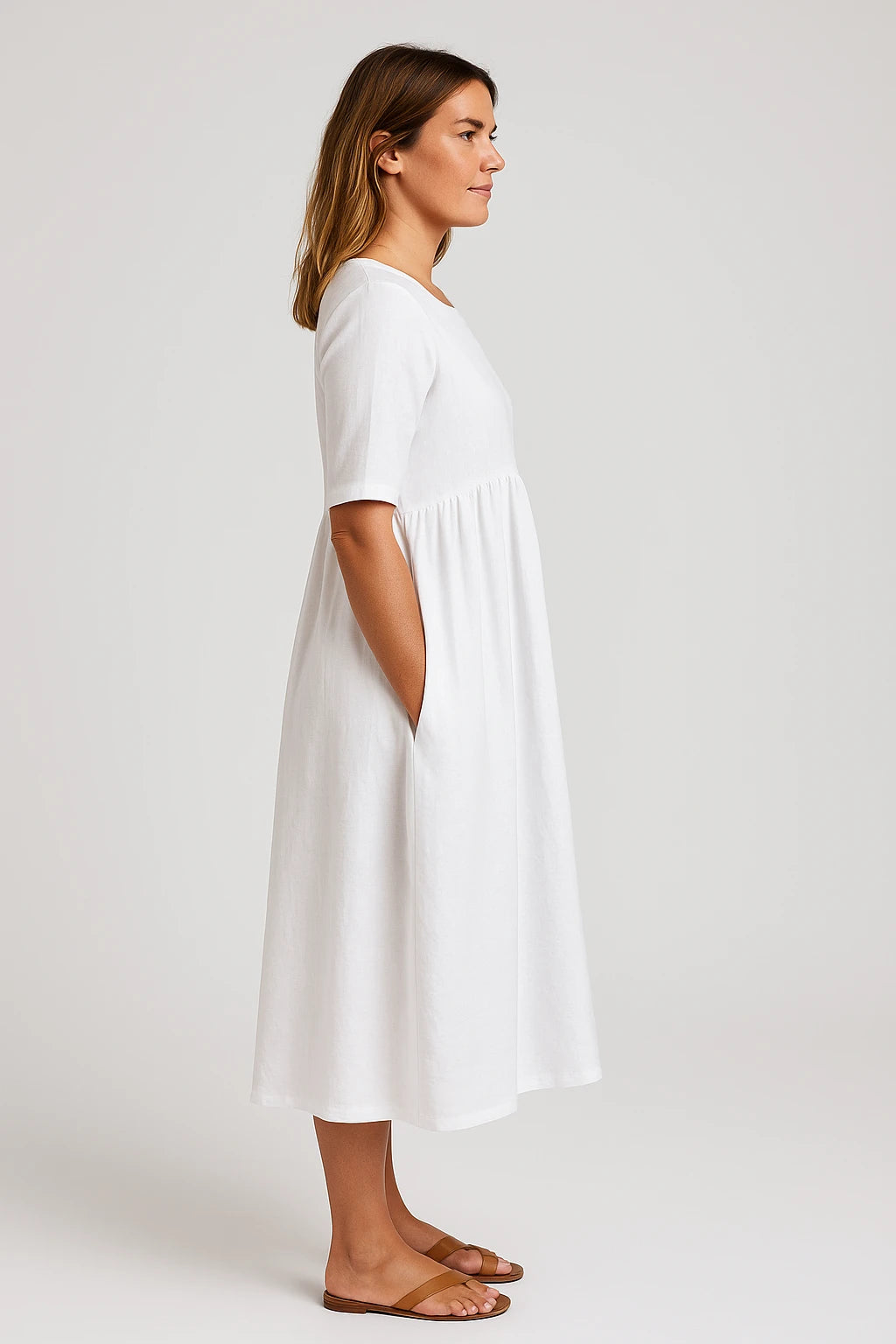 Womens Spring Cotton Dress with Flowing Fit and Chic Button Pocket Design - Image 3