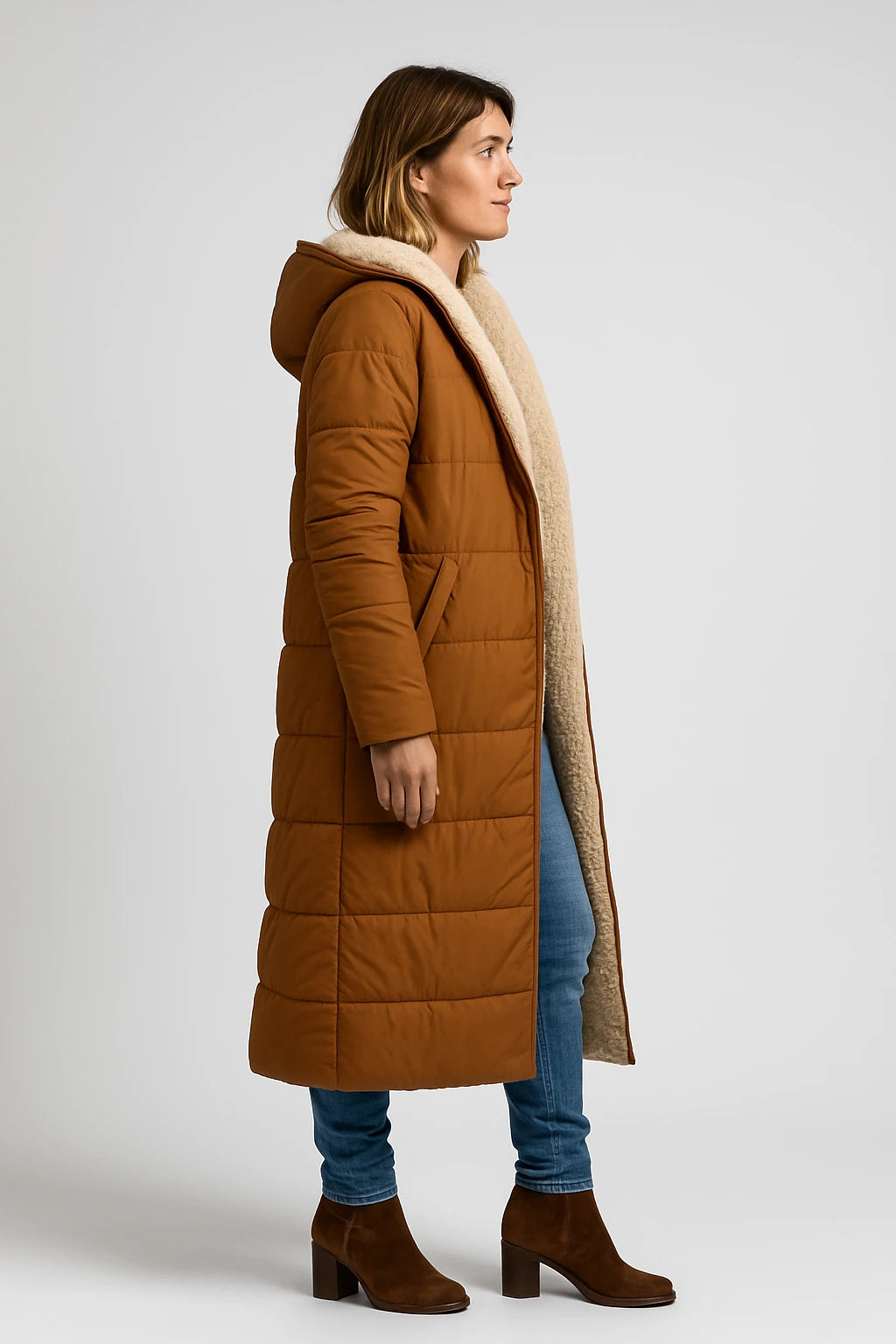Women Winter Longline Puffer Coat with Relaxed Fit and Sherpa-Lined Interior - Image 1