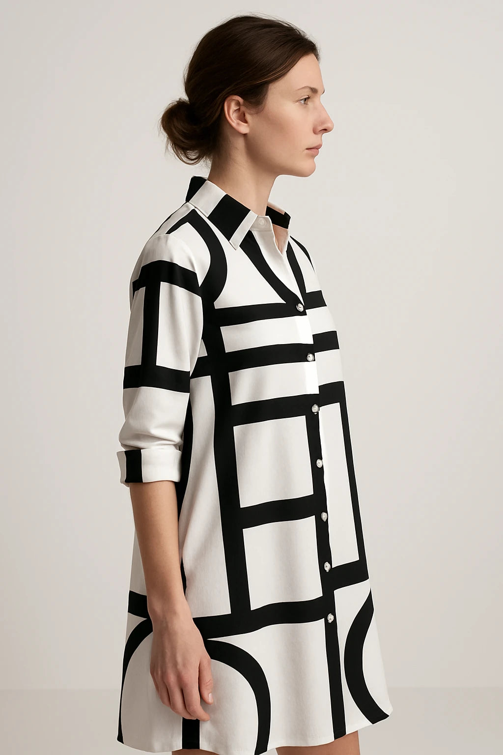 Geometric Print Shirt Dress with 3/4 Sleeves for Women