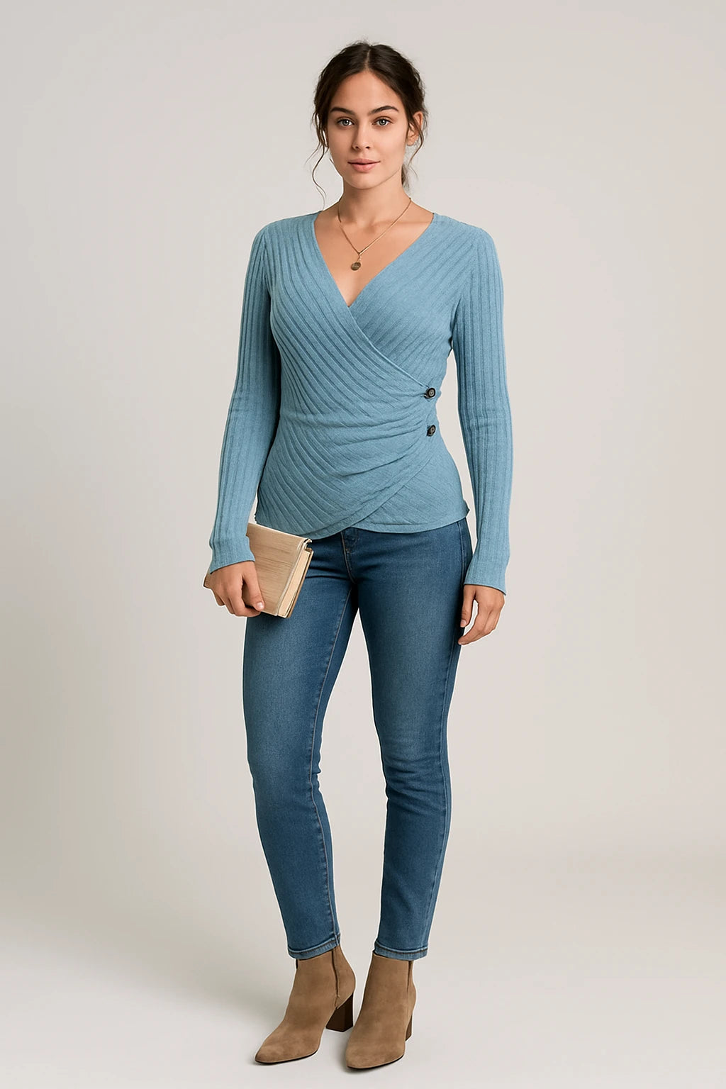 Ribbed Wrap V-Neck Long Sleeve Top for Women