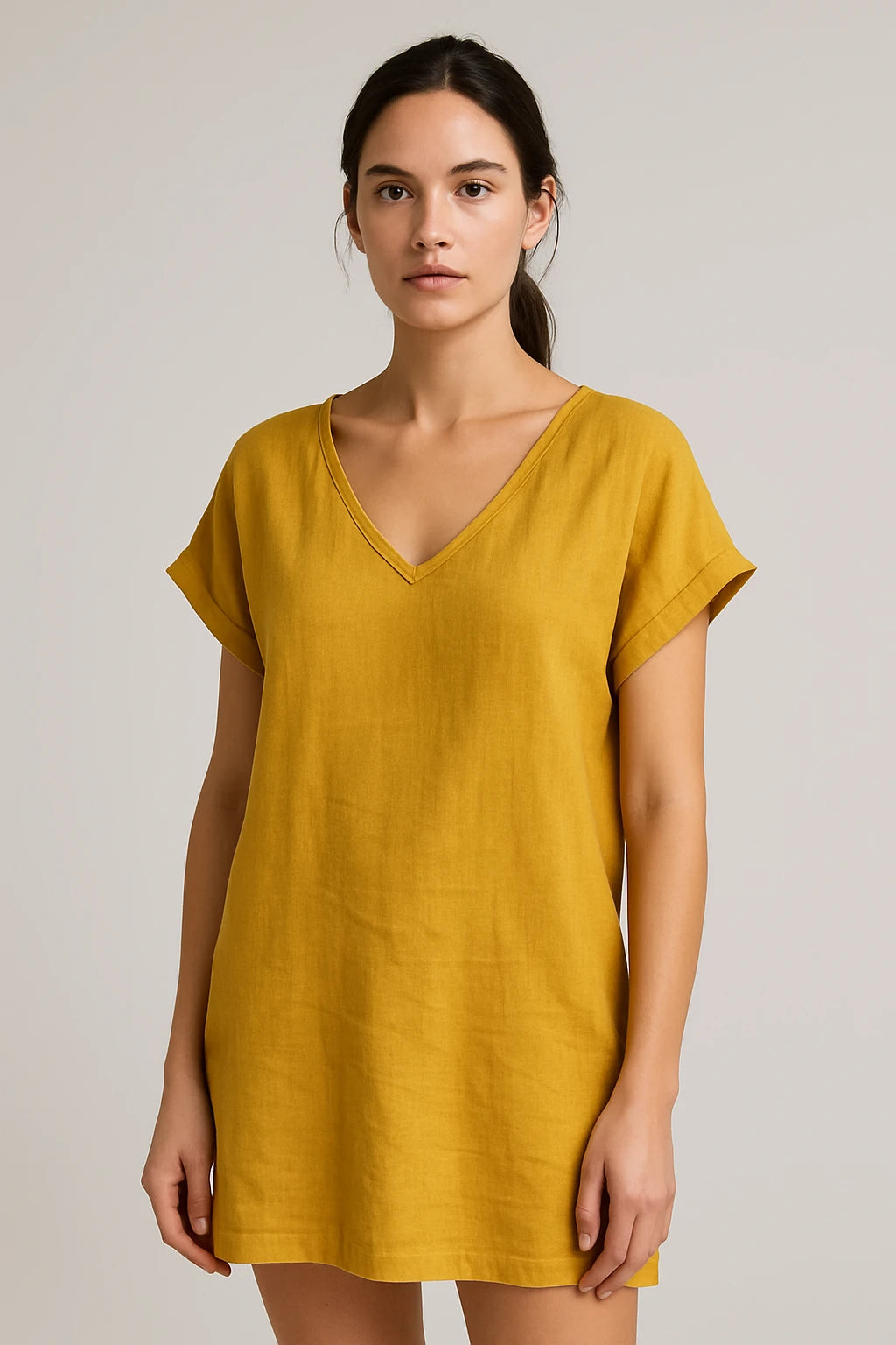 Short Sleeve V-Neck Linen Dress for Women