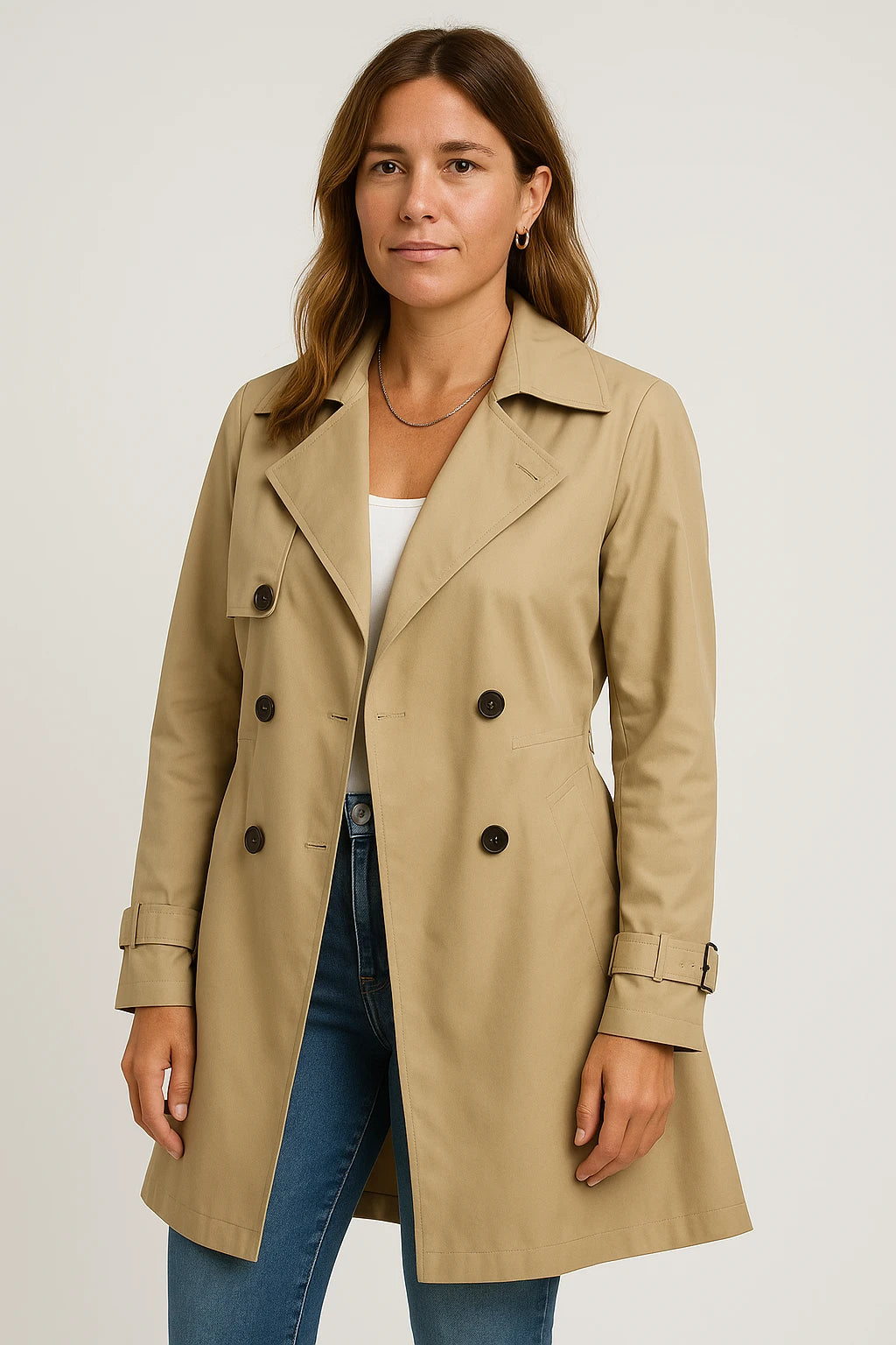Women Transitional Double-Breasted Trench Coat with Tailored Fit and Adjustable Belt - Image 4
