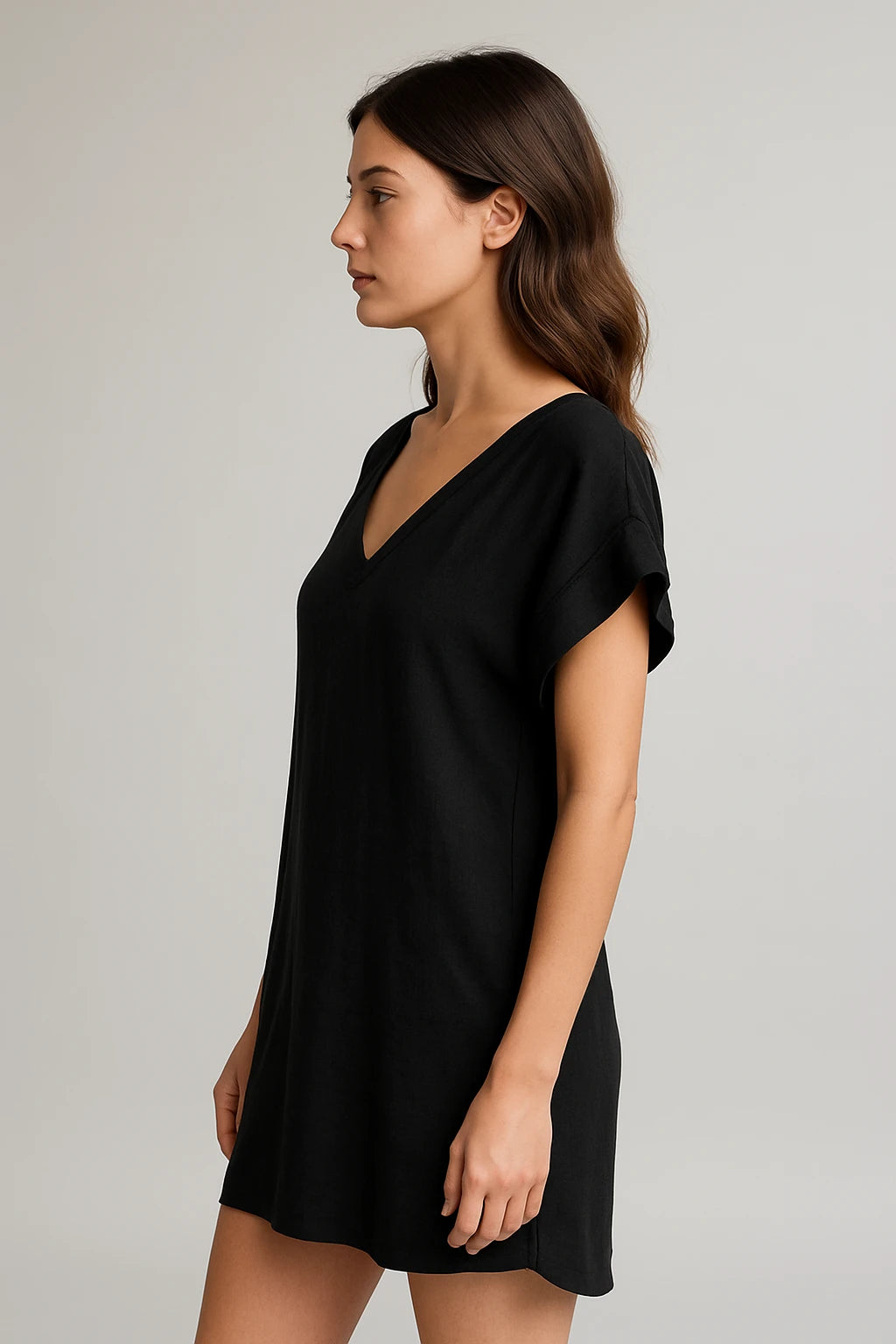 Short Sleeve V-Neck Linen Dress for Women