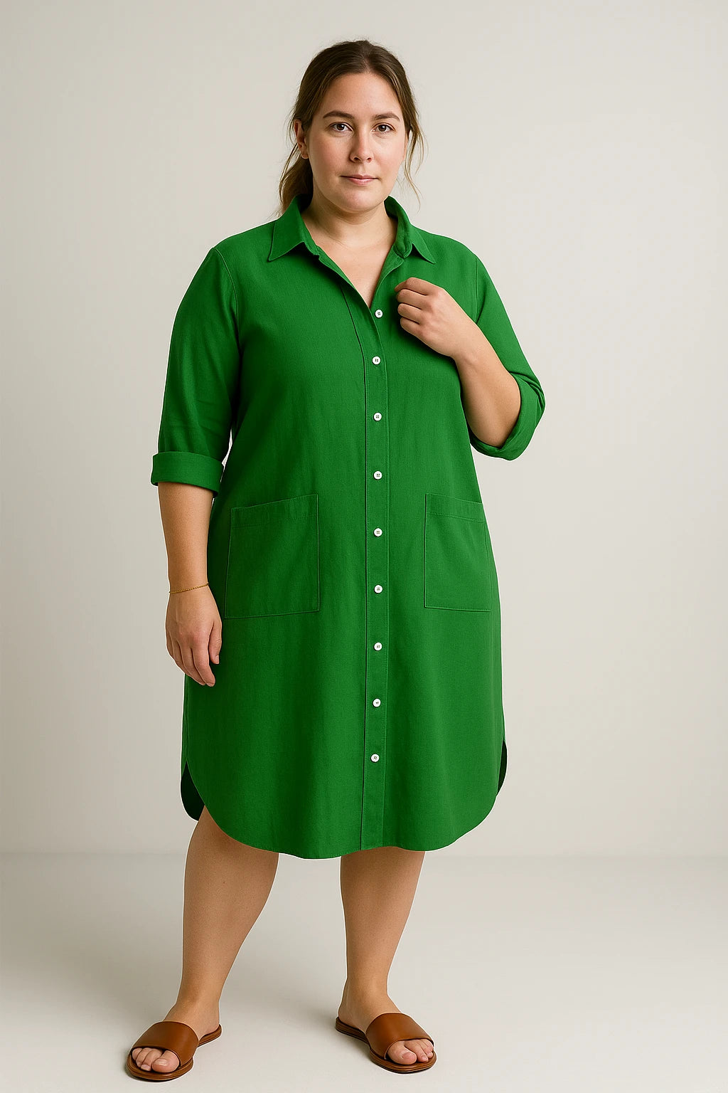 Button-Up Shirt Dress with Patch Pockets for Women