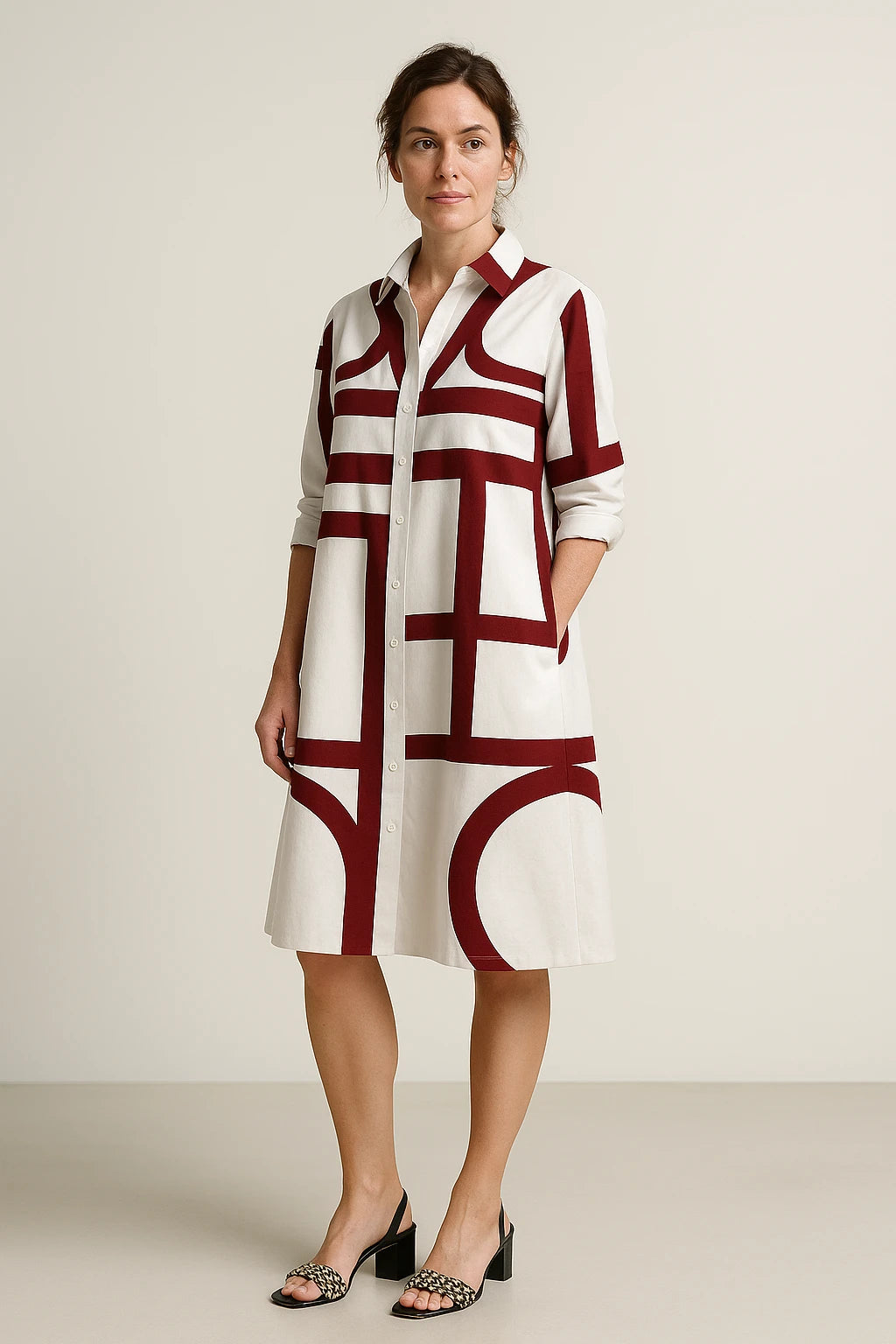 Geometric Print Shirt Dress with 3/4 Sleeves for Women