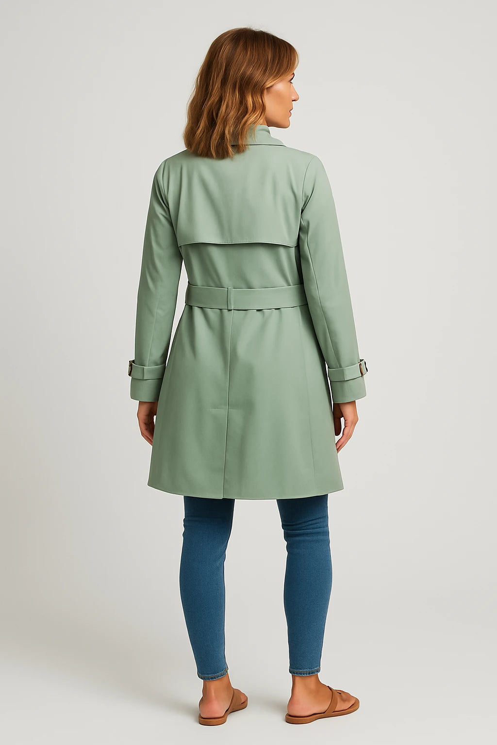 Women Transitional Double-Breasted Trench Coat with Tailored Fit and Adjustable Belt - Image 2