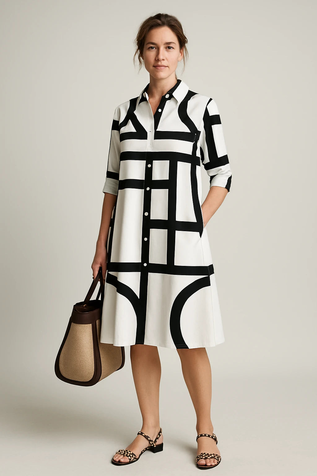 Geometric Print Shirt Dress with 3/4 Sleeves for Women