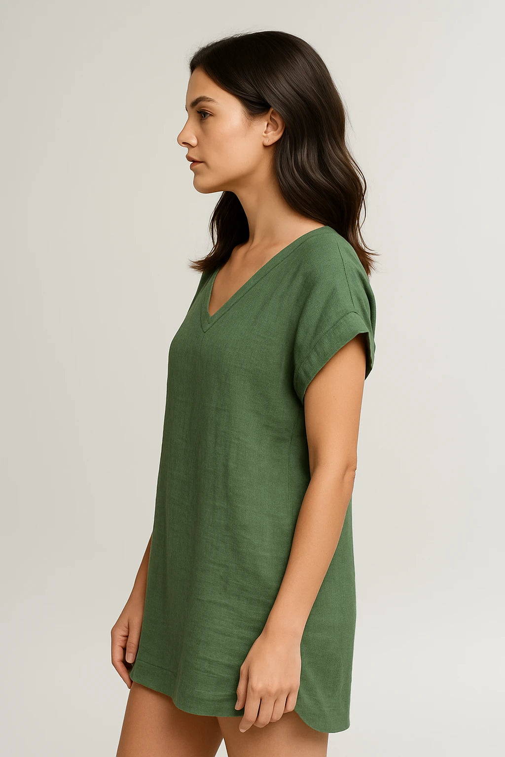 Short Sleeve V-Neck Linen Dress for Women