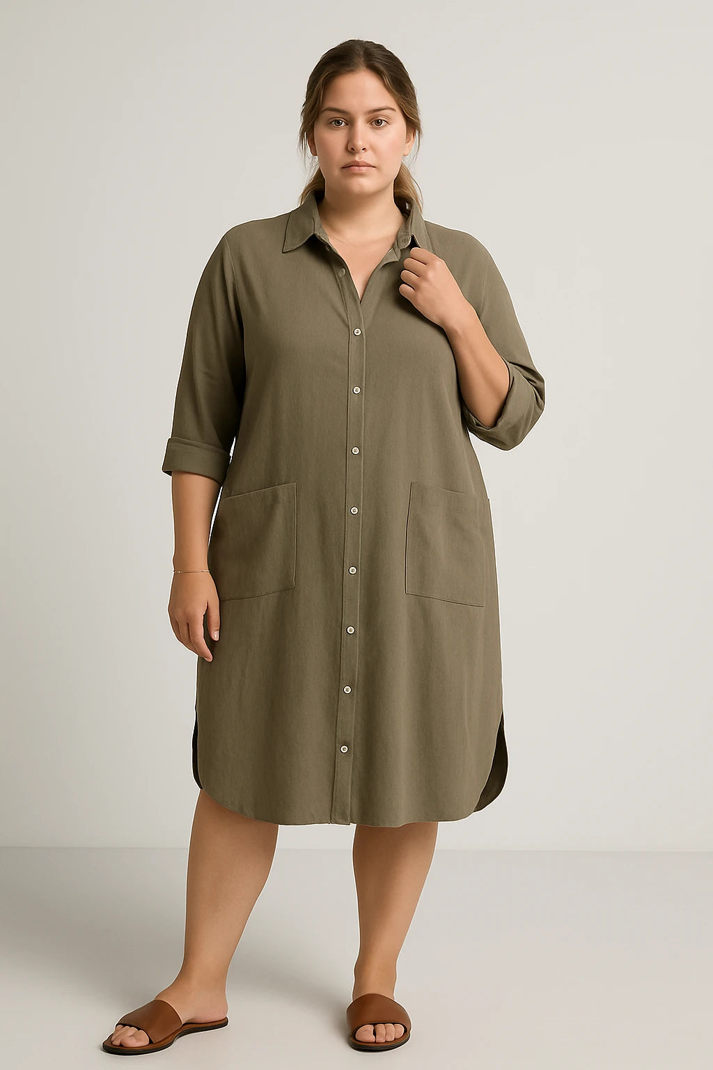 Button-Up Shirt Dress with Patch Pockets for Women