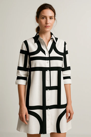 Geometric Print Shirt Dress with 3/4 Sleeves for Women