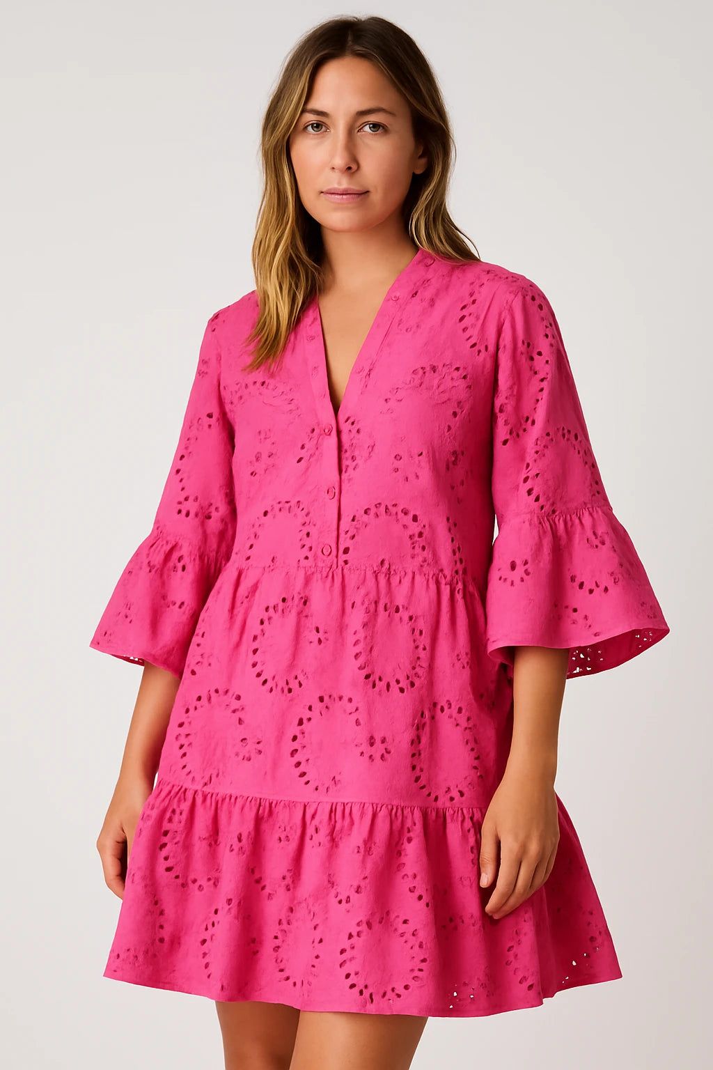 Womens Summer Lace Shirt Dress with V-Neck and 7/4 Sleeves for Versatile Styling - Image 8