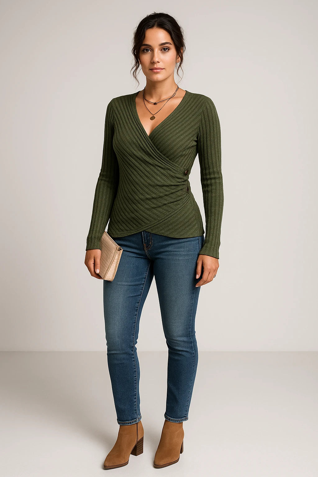 Ribbed Wrap V-Neck Long Sleeve Top for Women