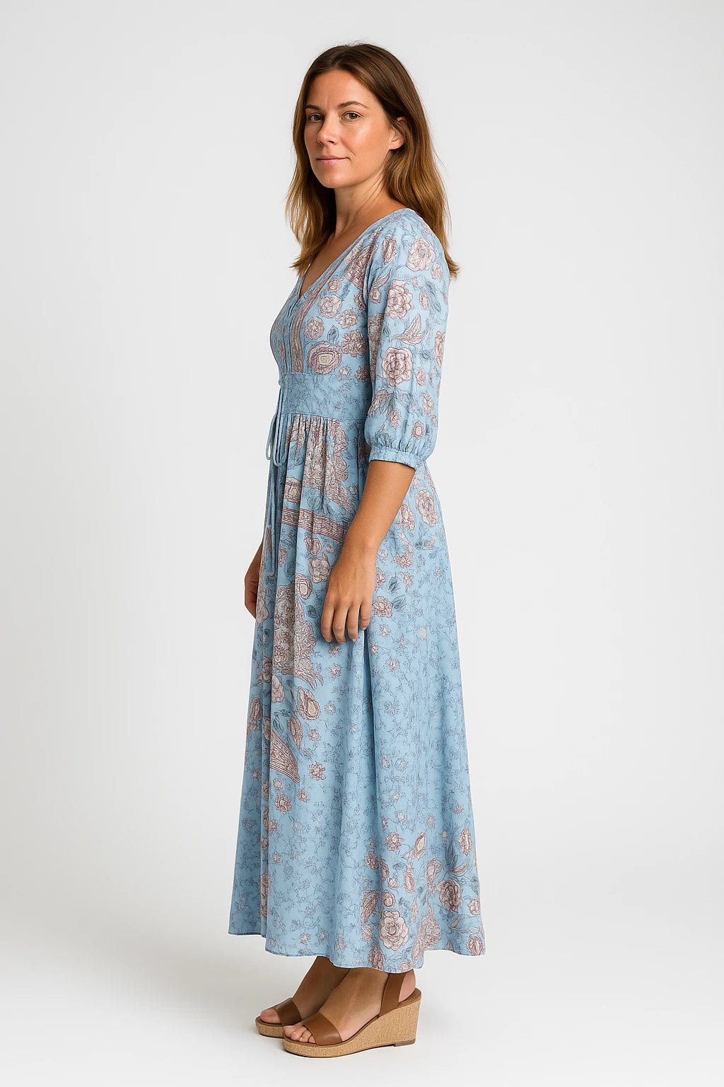 Womens Spring Floral Dress with Flattering V-Neckline and Adjustable Waist Tie - Image 1