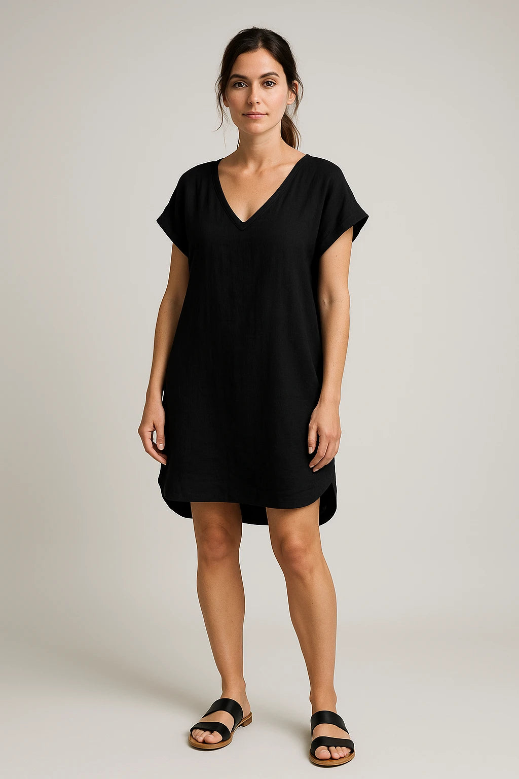 Short Sleeve V-Neck Linen Dress for Women