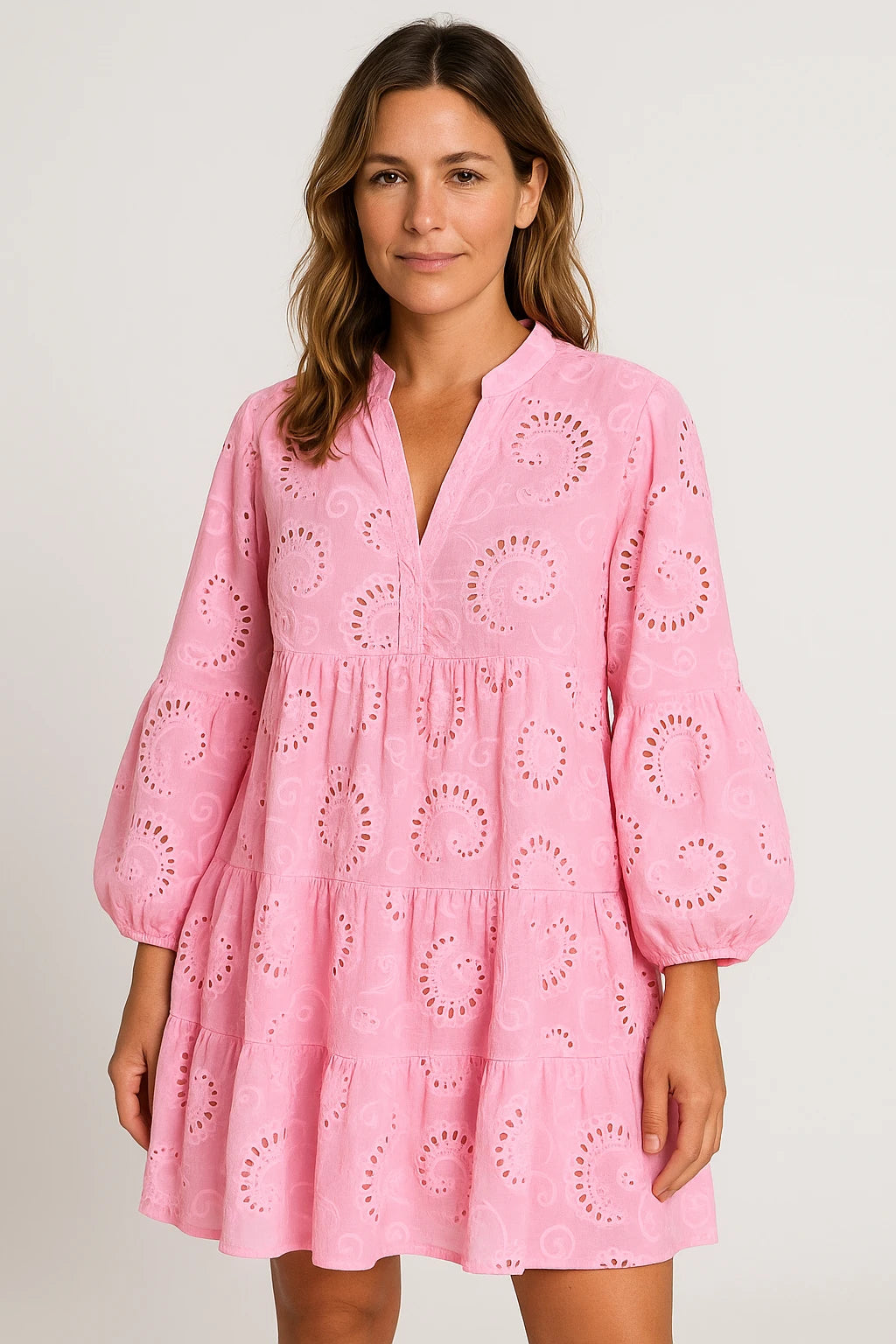 Womens Summer Lace Shirt Dress with V-Neck and 7/4 Sleeves for Versatile Styling - Image 5