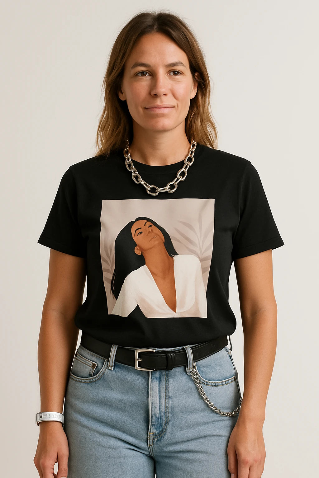 Women Casual Graphic T-Shirt with Relaxed Fit – Artistic Masked Girl Print Design - Image 1
