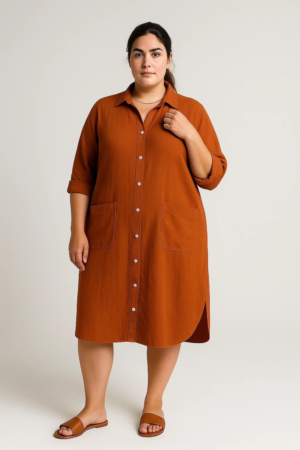 Button-Up Shirt Dress with Patch Pockets for Women