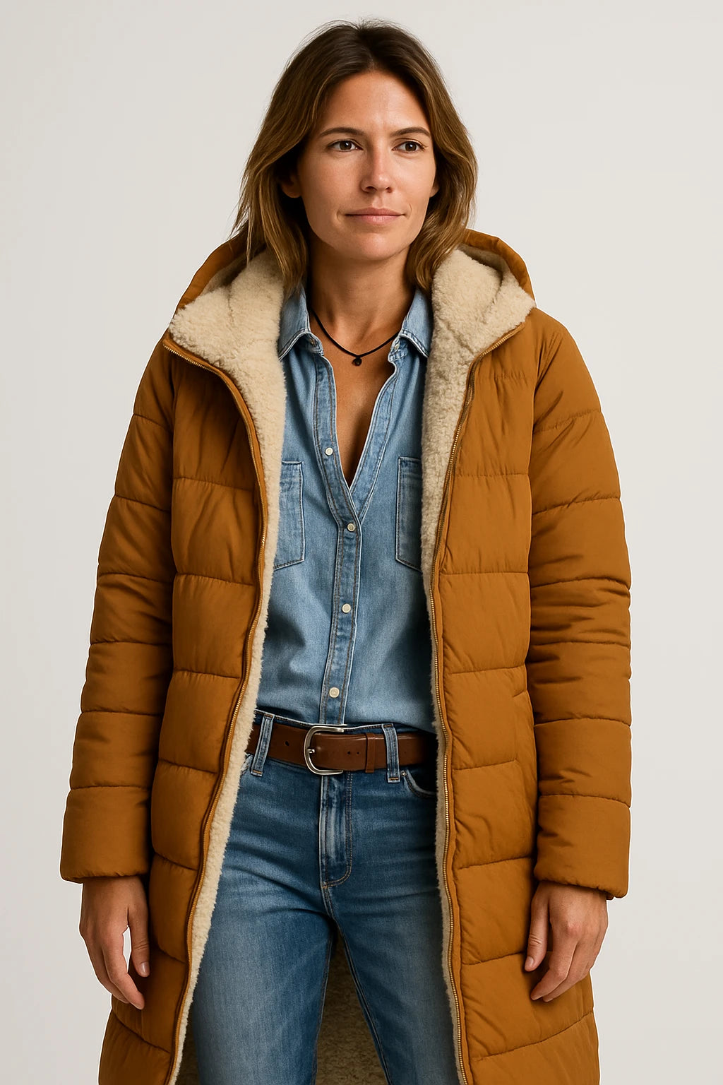 Women Winter Longline Puffer Coat with Relaxed Fit and Sherpa-Lined Interior - Image 1