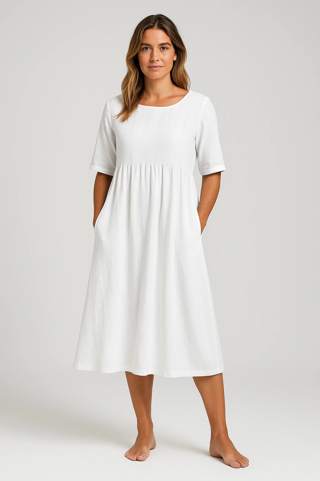Womens Spring Cotton Dress with Flowing Fit and Chic Button Pocket Design - Image 3