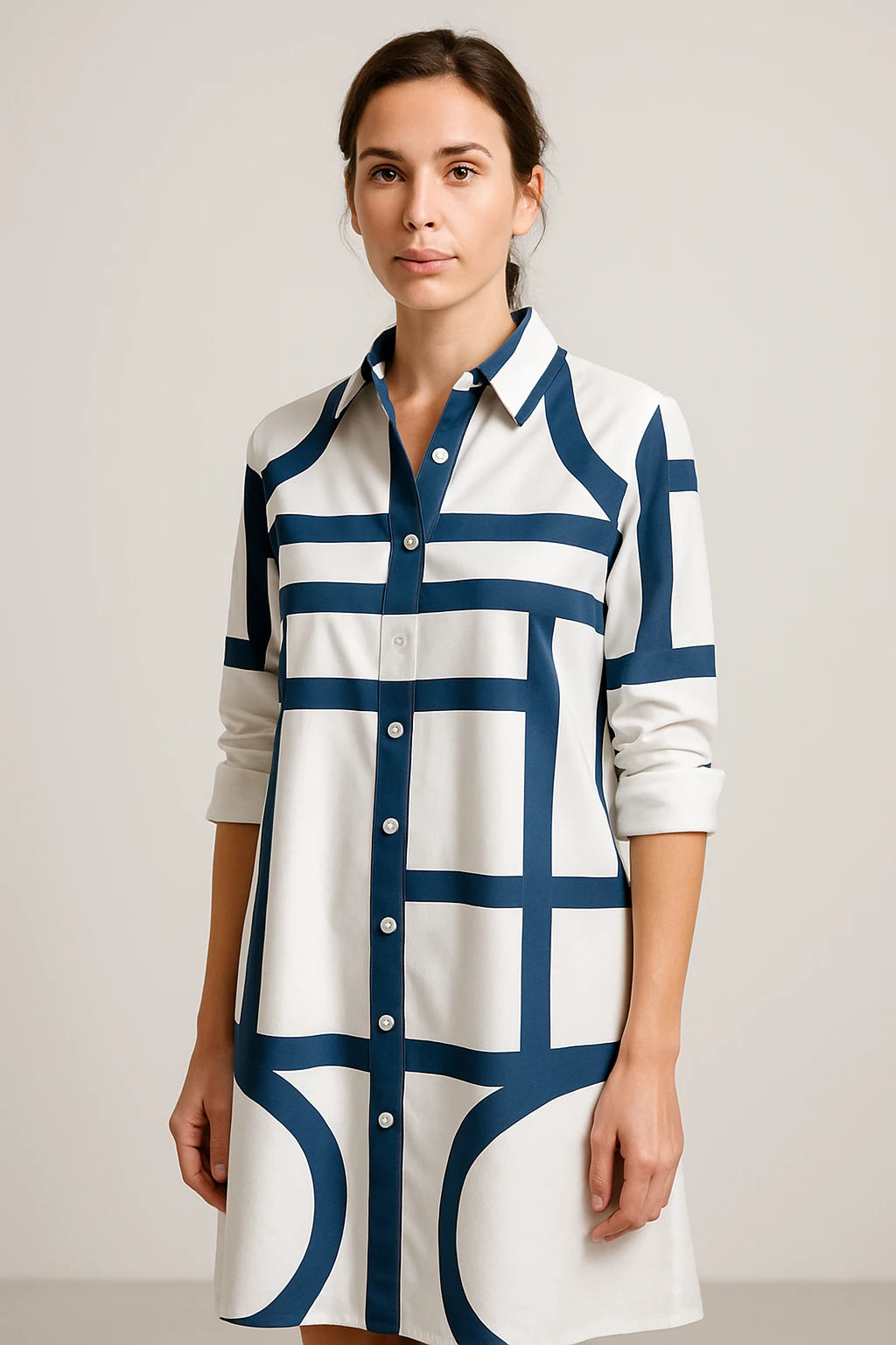 Geometric Print Shirt Dress with 3/4 Sleeves for Women