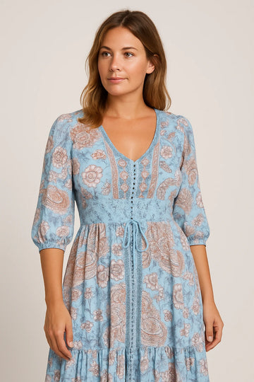 Womens Spring Floral Dress with Flattering V-Neckline and Adjustable Waist Tie - Image 1