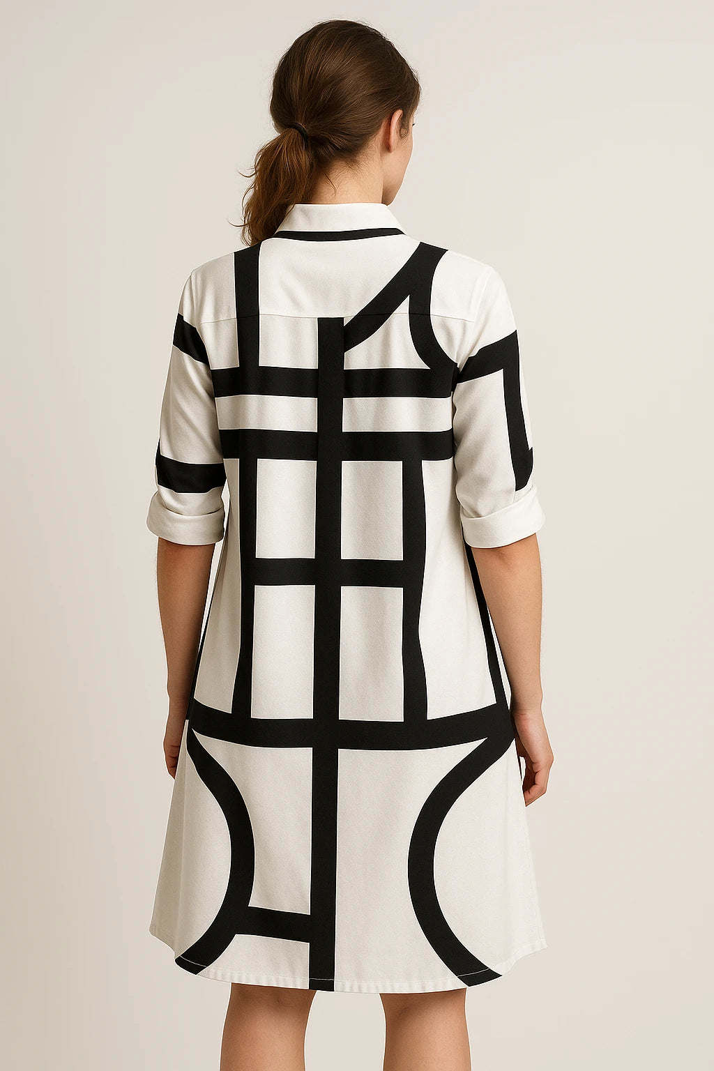 Geometric Print Shirt Dress with 3/4 Sleeves for Women