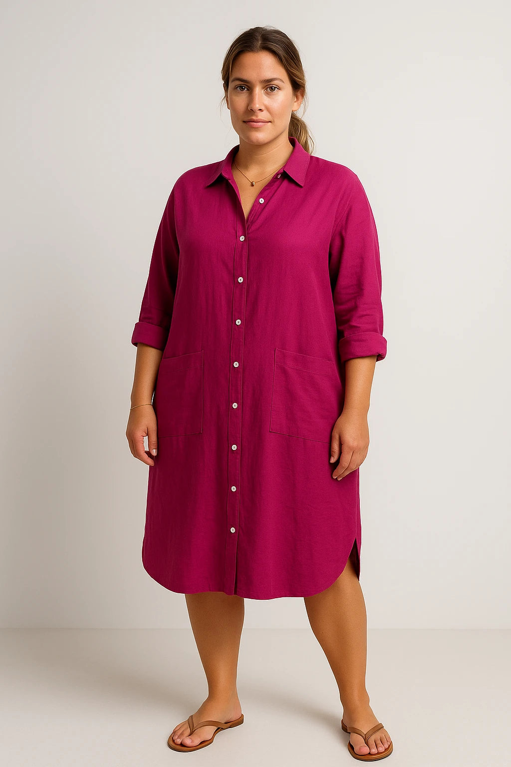 Button-Up Shirt Dress with Patch Pockets for Women