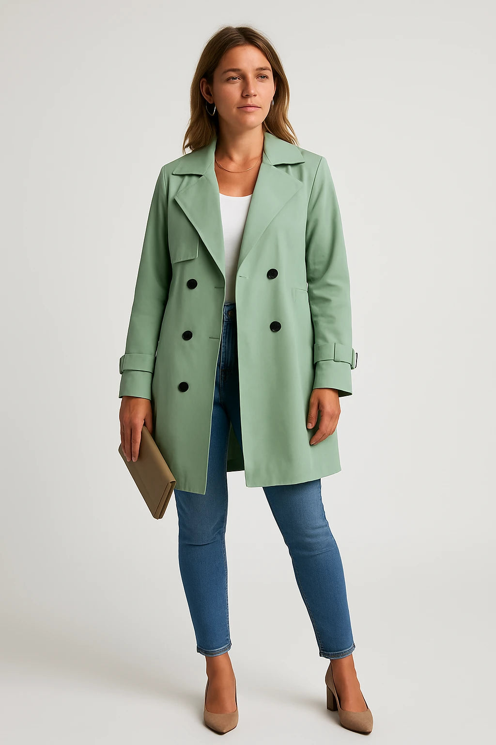 Women Transitional Double-Breasted Trench Coat with Tailored Fit and Adjustable Belt - Image 3