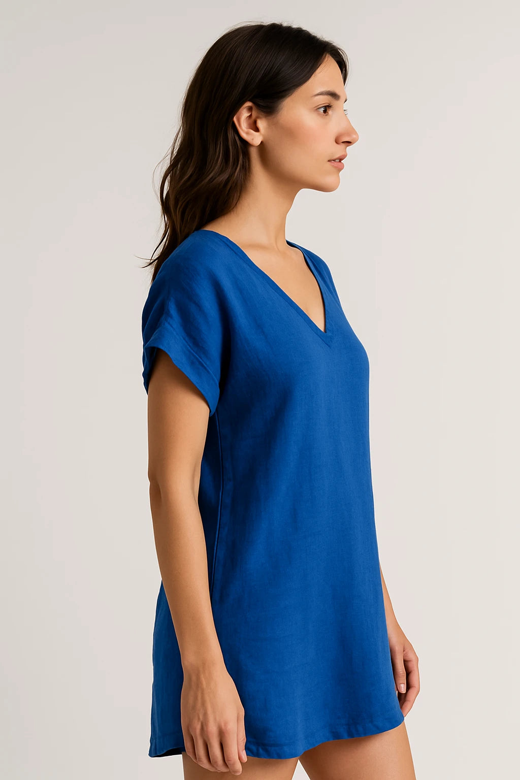 Short Sleeve V-Neck Linen Dress for Women