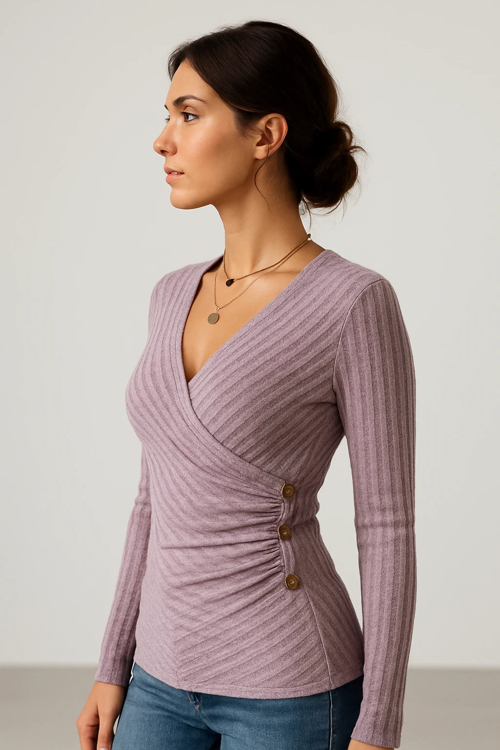 Ribbed Wrap V-Neck Long Sleeve Top for Women
