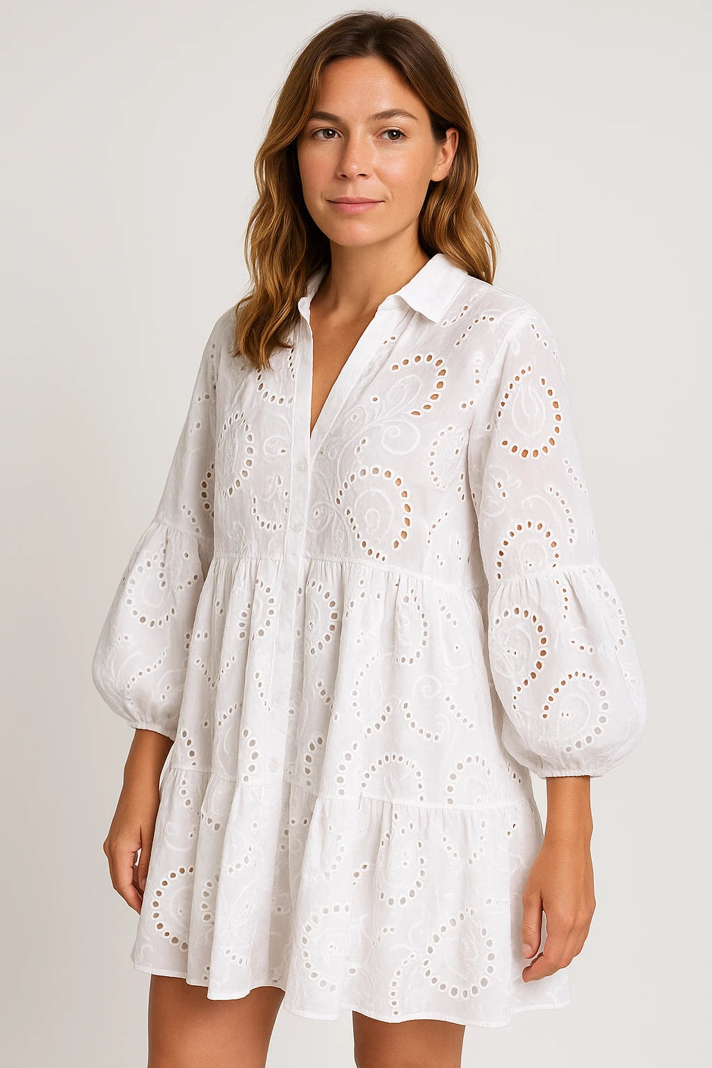 Womens Summer Lace Shirt Dress with V-Neck and 7/4 Sleeves for Versatile Styling - Image 6