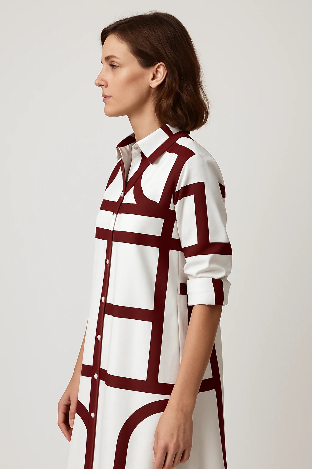 Geometric Print Shirt Dress with 3/4 Sleeves for Women