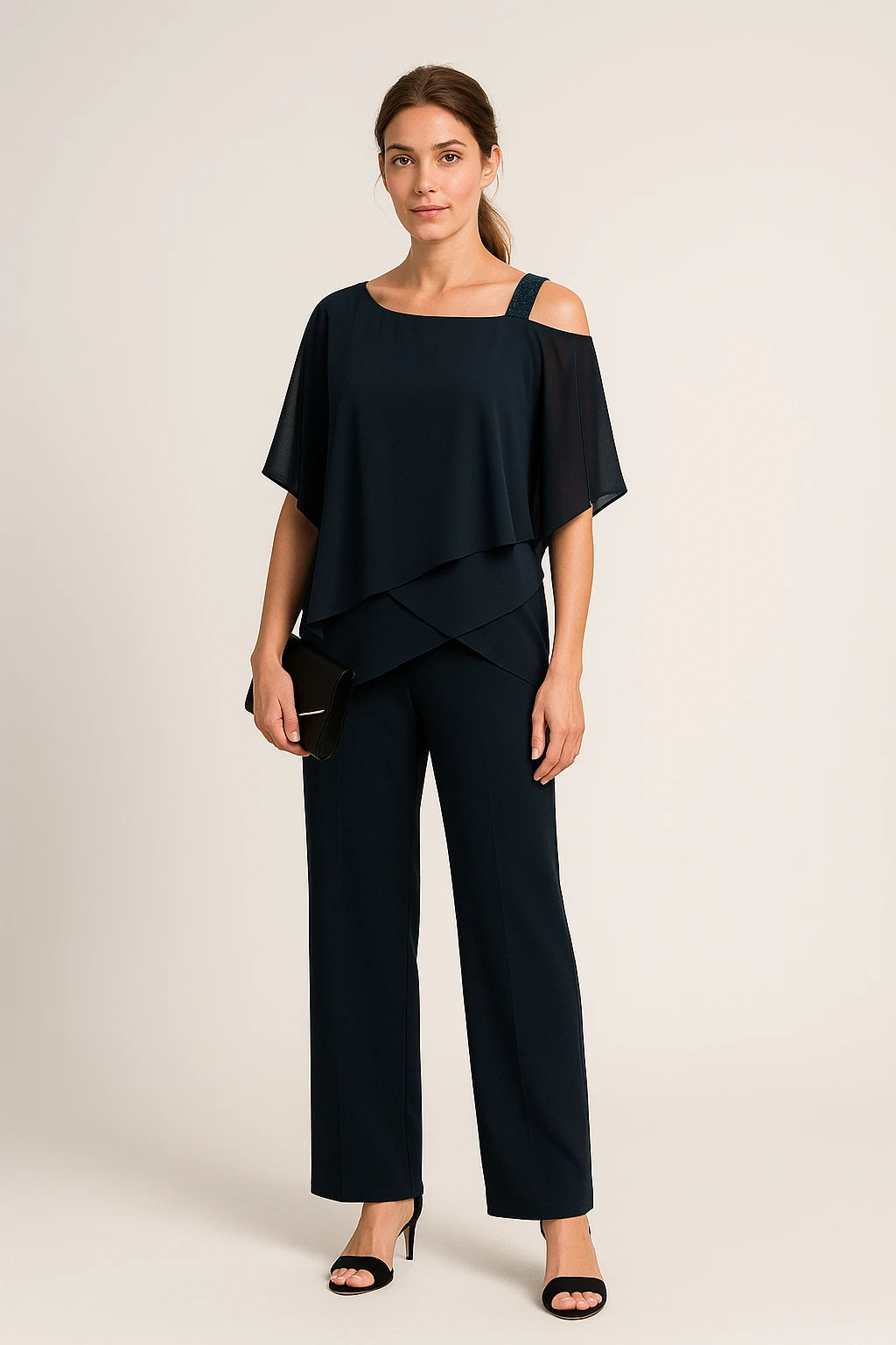 Cold Shoulder Layered Top and Straight-Leg Pants Set for Women