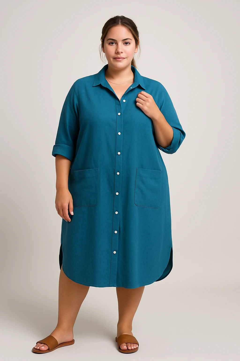 Button-Up Shirt Dress with Patch Pockets for Women