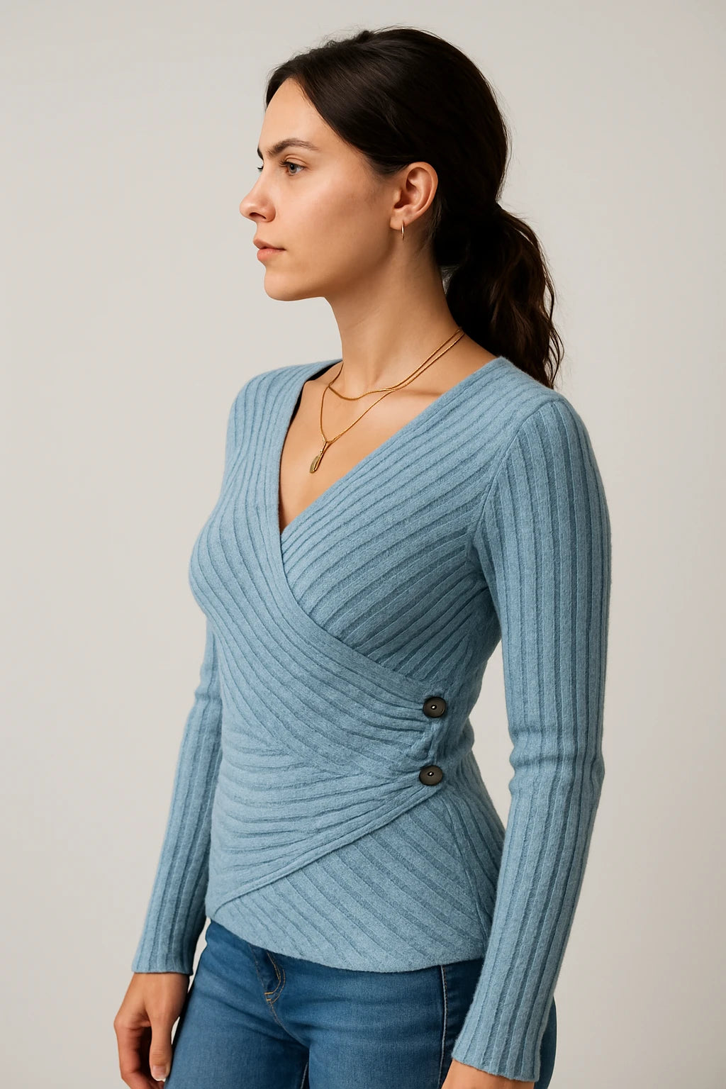 Ribbed Wrap V-Neck Long Sleeve Top for Women