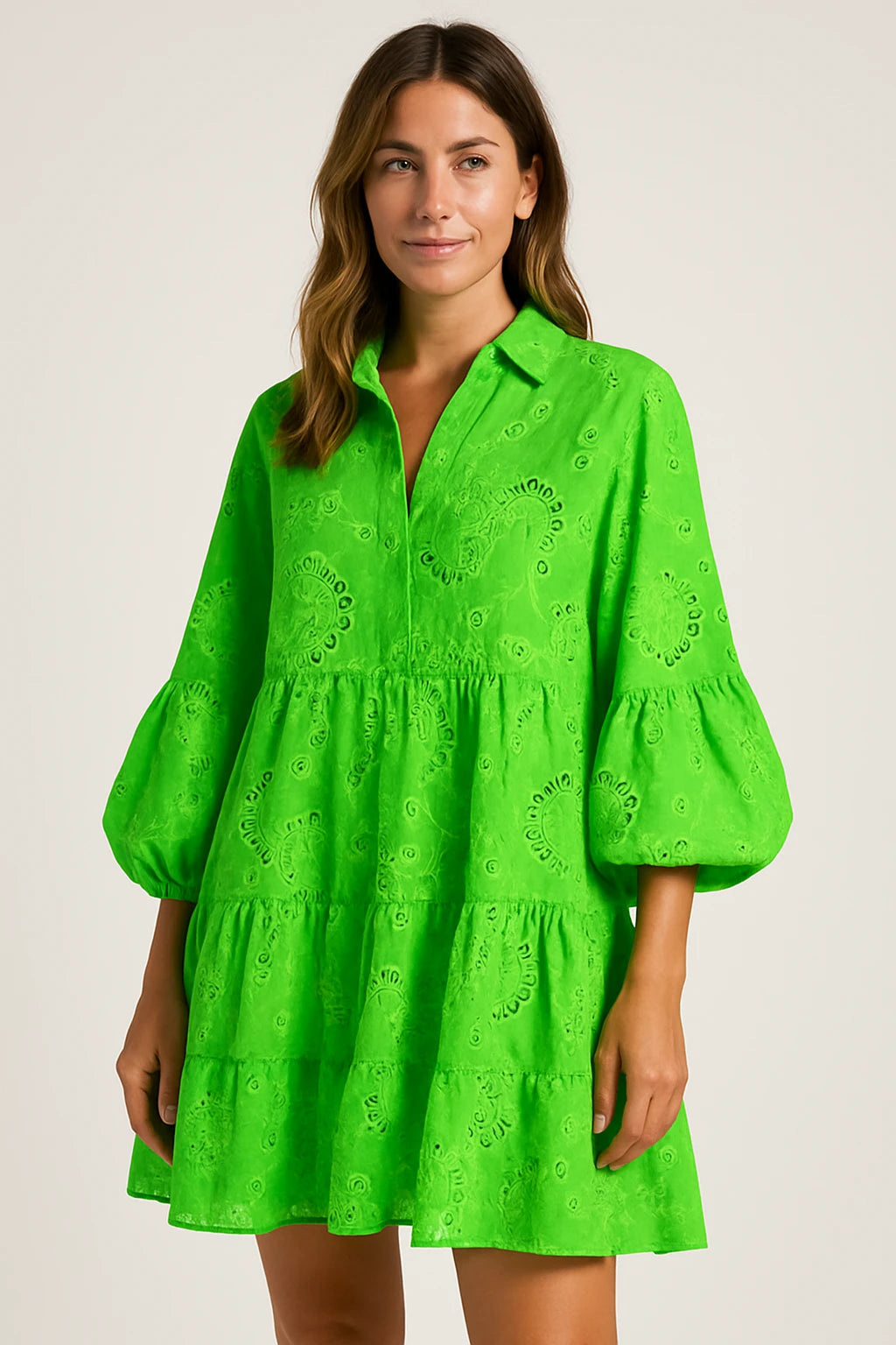 Womens Summer Lace Shirt Dress with V-Neck and 7/4 Sleeves for Versatile Styling - Image 7