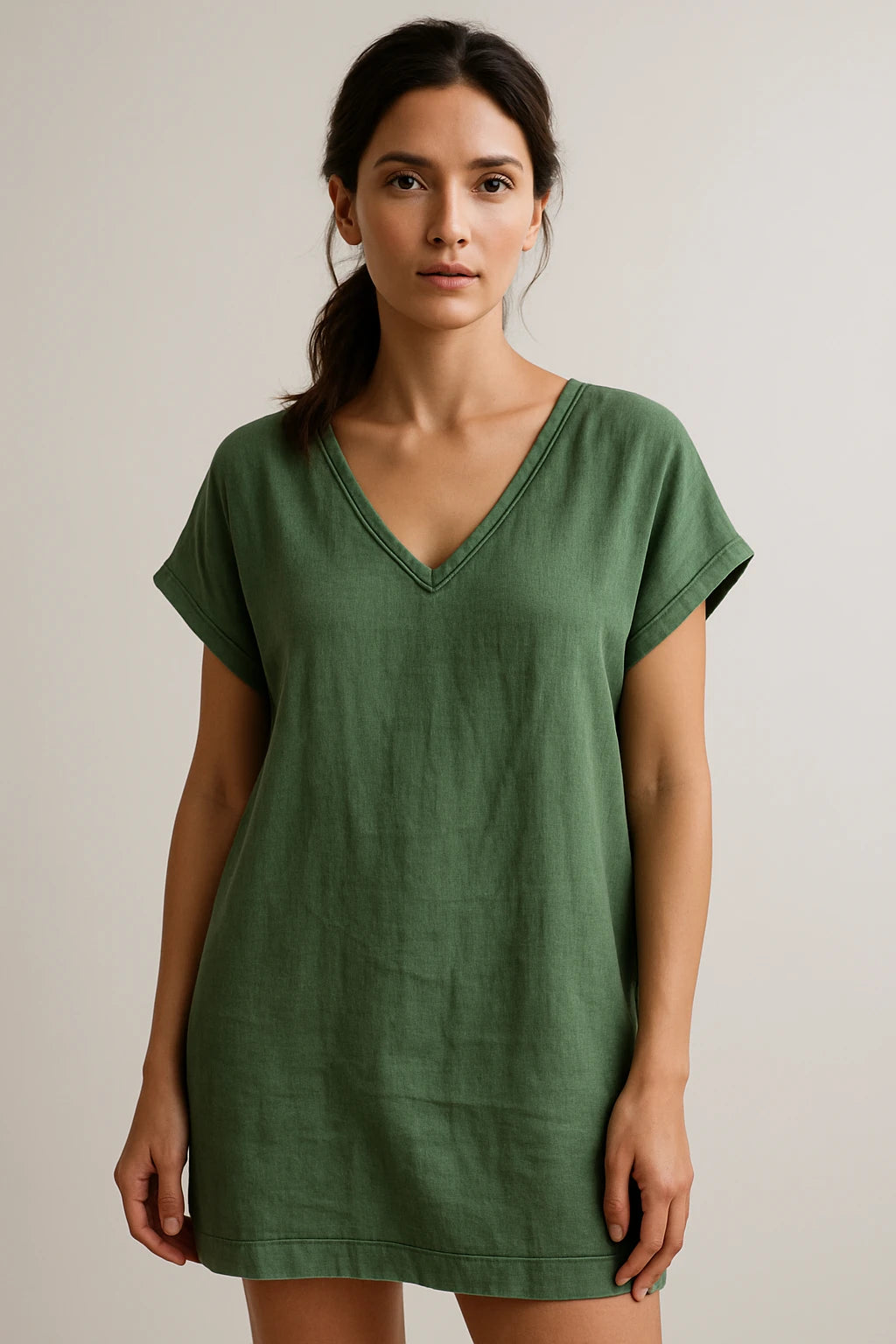 Short Sleeve V-Neck Linen Dress for Women