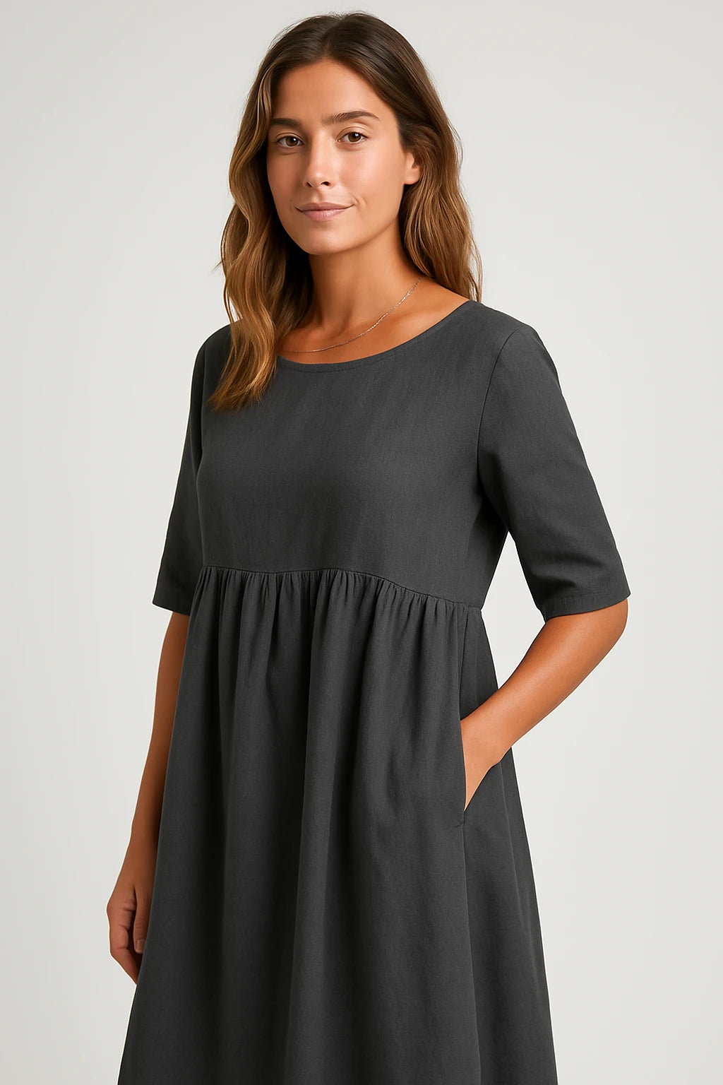 Womens Spring Cotton Dress with Flowing Fit and Chic Button Pocket Design - Image 4