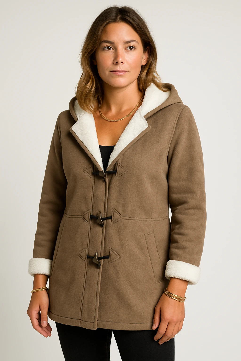 Womens Winter Toggle Button Coat with Relaxed Fit and Hooded Design - Image 1