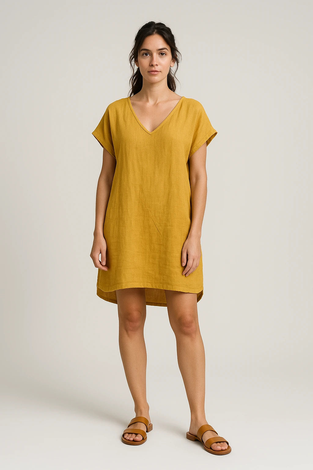 Short Sleeve V-Neck Linen Dress for Women
