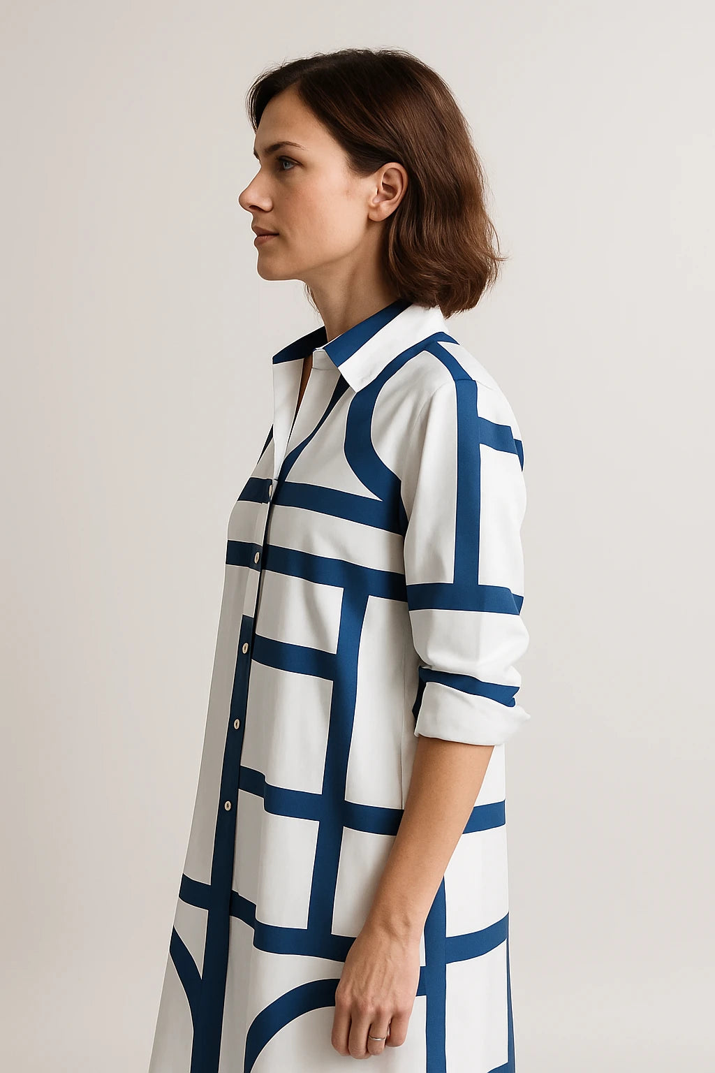 Geometric Print Shirt Dress with 3/4 Sleeves for Women