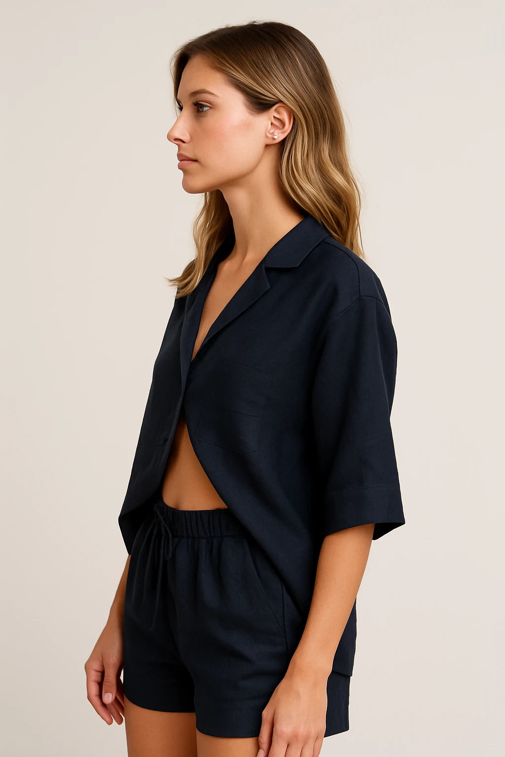 Relaxed Linen Shirt and Drawstring Shorts Set for Women